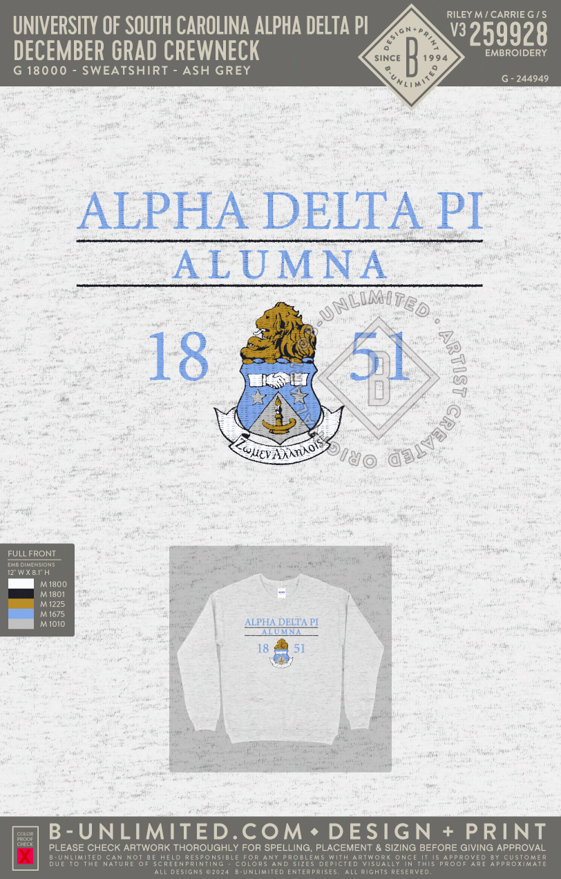 University of South Carolina Alpha Delta Pi - December Grad Crewneck - Gildan - 18000 - Crewneck Sweatshirt - Ash Grey