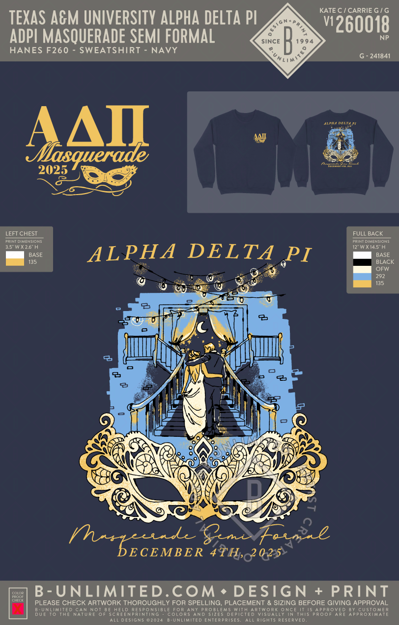 Texas A&M University Alpha Delta Pi - ADPI Masquerade Semi Formal - Hanes - F260 - Sweatshirt - Navy