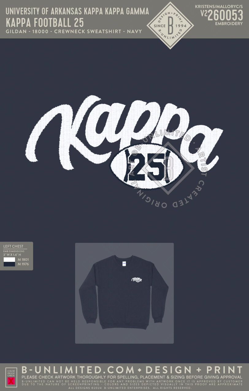 University of Arkansas Kappa Kappa Gamma - Kappa Football 25 - Gildan - 18000 - Crewneck Sweatshirt - Navy