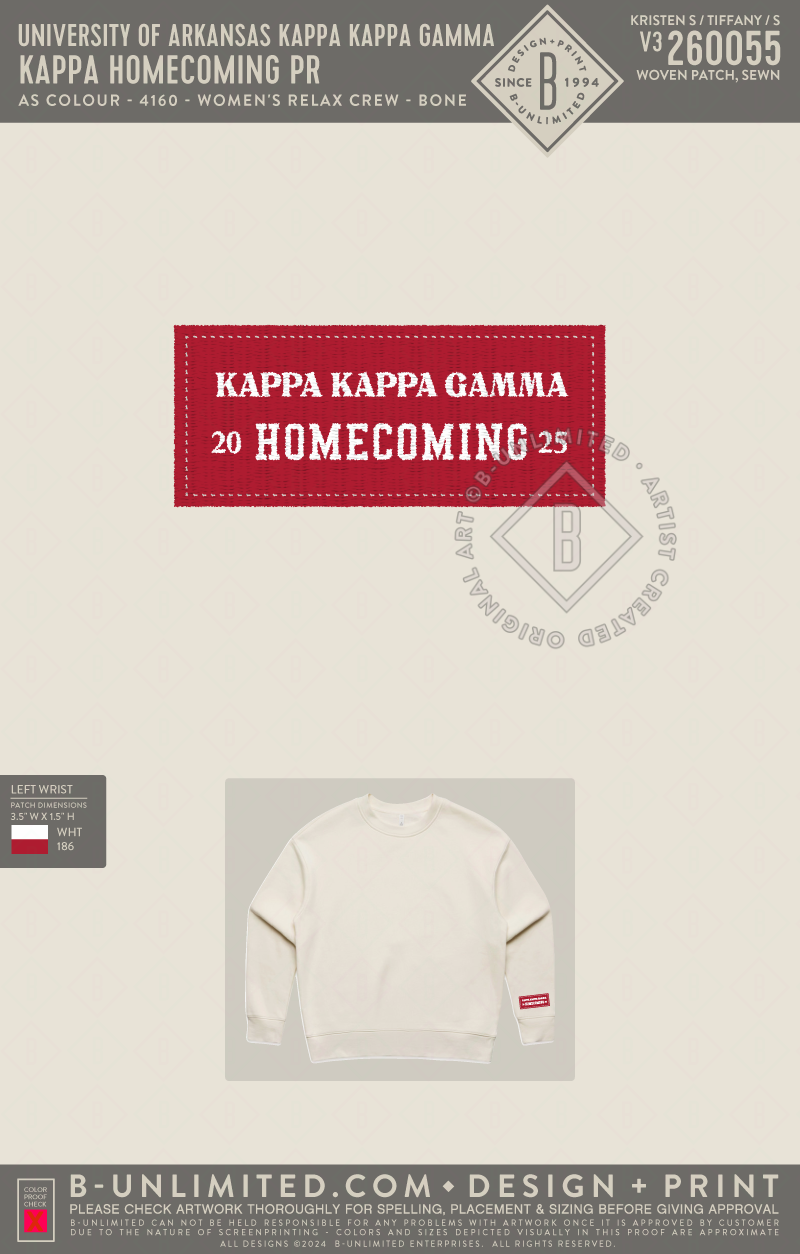 University of Arkansas Kappa Kappa Gamma - Kappa Homecoming PR Patch - Sweatshirt - AS Colour - 4160 - Women's Relax Crew - Bone