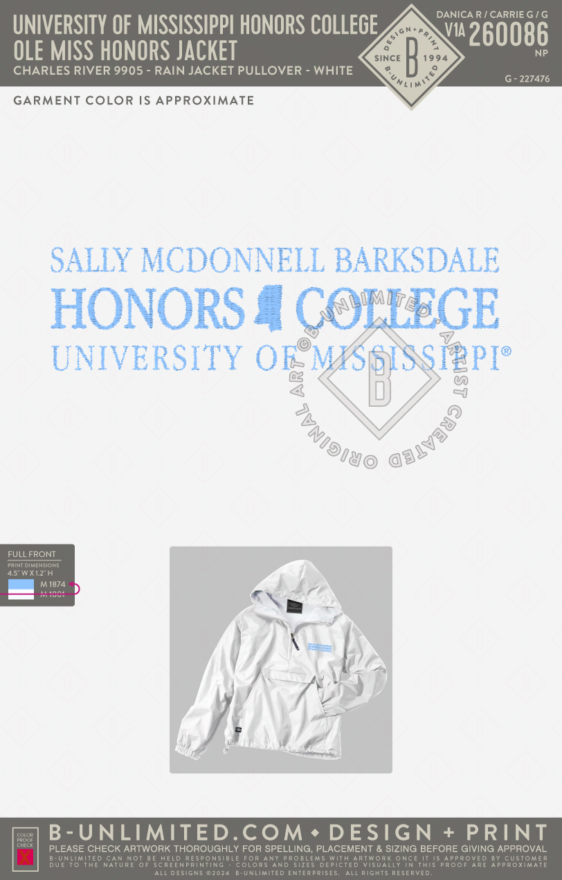 University of Mississippi Honors College - ole miss honors jacket - Charles River - 9905 - Solid Rain Jacket Pullover - White