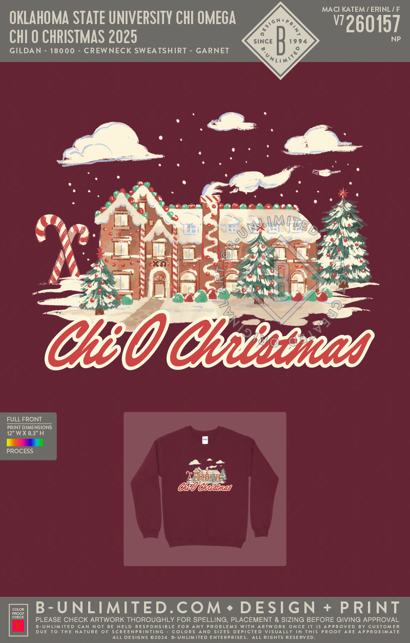 Oklahoma State University Chi Omega - Chi O Christmas 2025 - Gildan - 18000 - Crewneck Sweatshirt - Garnet