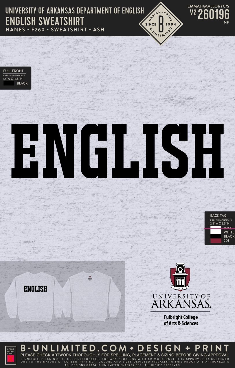 University of Arkansas Department of English - English Sweatshirt - Hanes - F260 - Sweatshirt - Ash