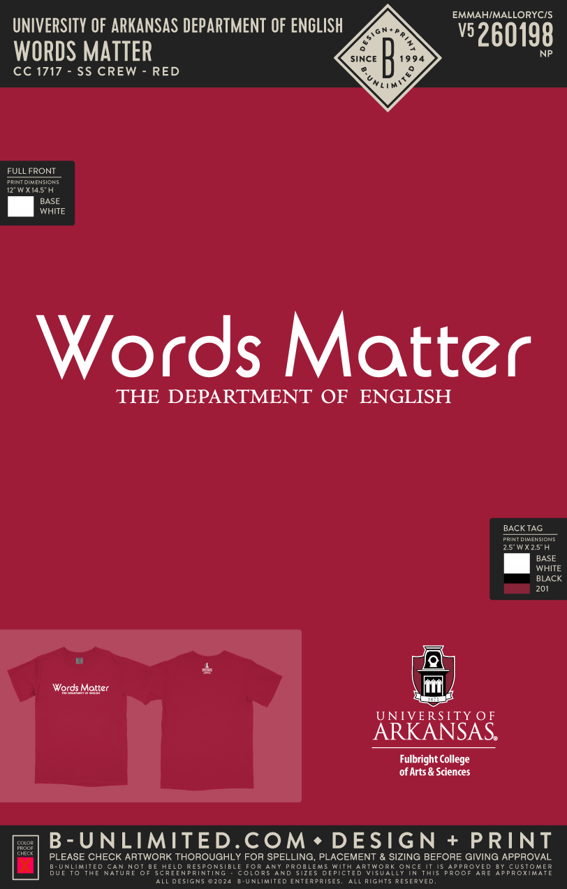 University of Arkansas Department of English - Words Matter - CC - 1717 - SS Crew - Red