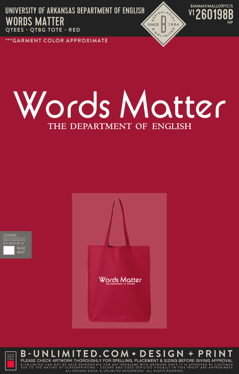 University of Arkansas Department of English - Words Matter Tote - Q Tees - QTBG - Tote Bag - Red