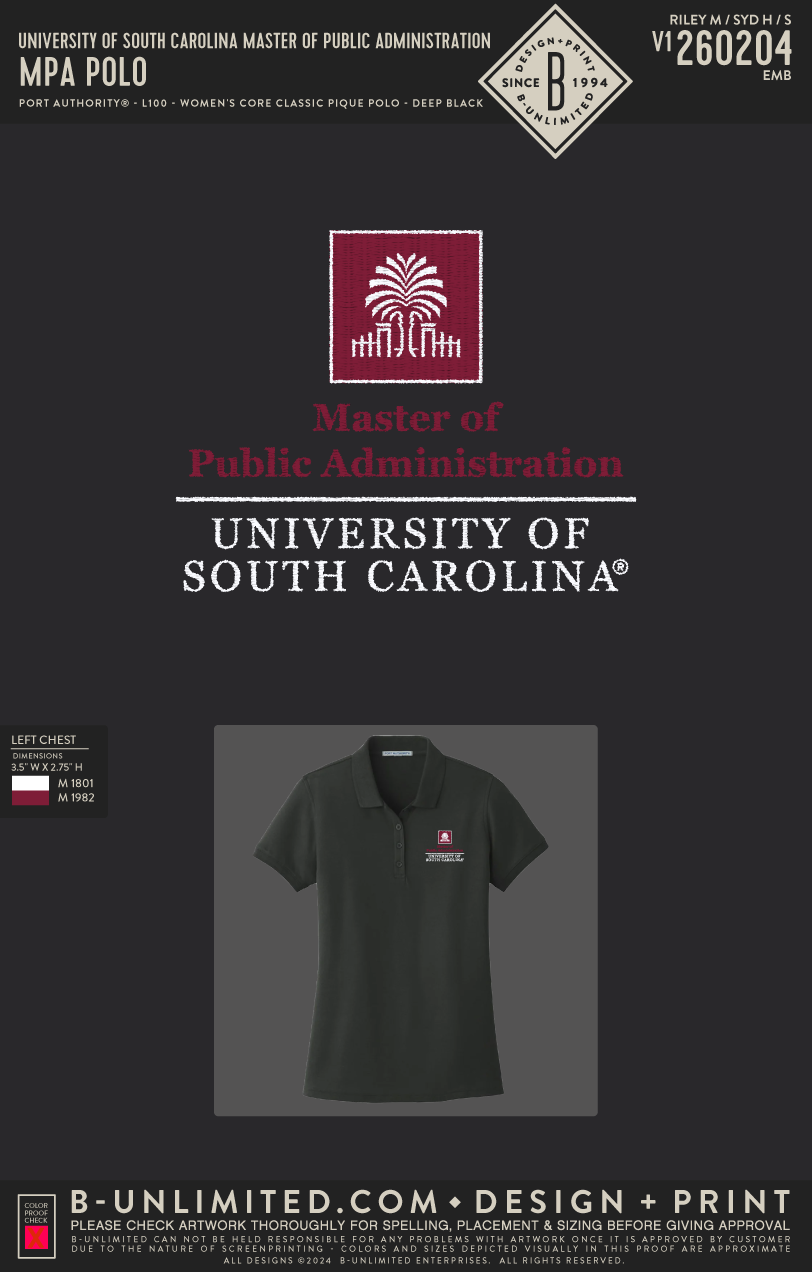 University of South Carolina Master of Public Administration - MPA Polo - Port Authority - L100 - Women's Core Classic Pique Polo - Deep Black