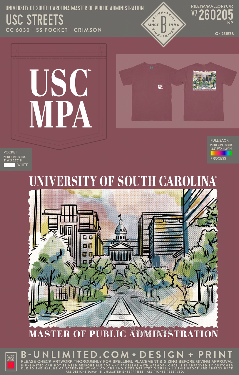 University of South Carolina Master of Public Administration - USC Streets - CC - 6030 - SS Pocket - Crimson