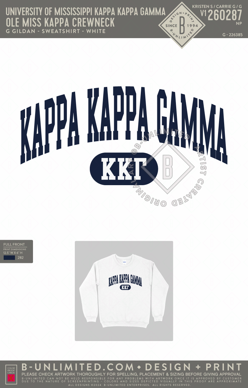 University of Mississippi Kappa Kappa Gamma - Ole Miss Kappa Crewneck (EOS26) - Gildan - 18000 - Crewneck Sweatshirt - White