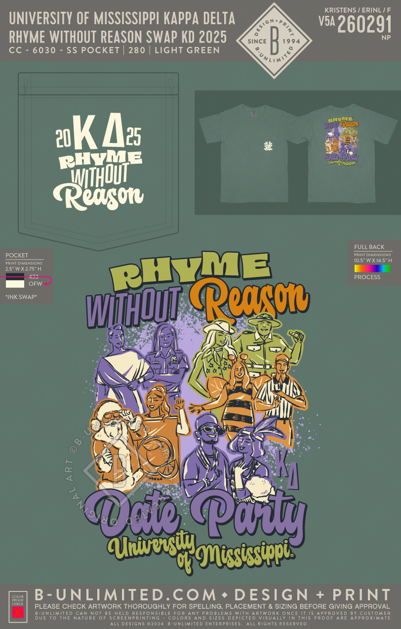 University of Mississippi Kappa Delta - Rhyme Without Reason Swap KD 2025 - CC - 6030 - SS Pocket - Light Green