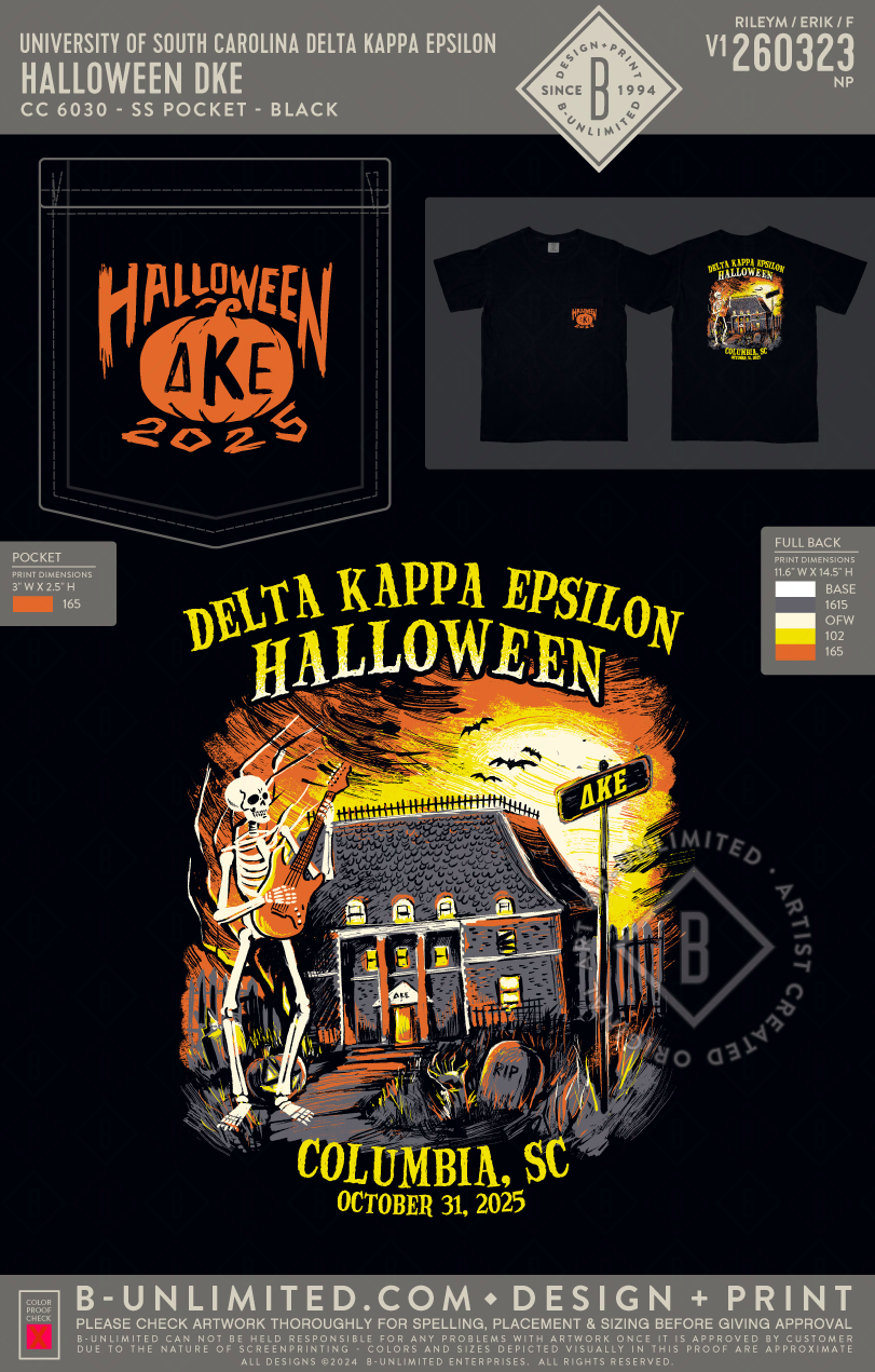 University of South Carolina Delta Kappa Epsilon - Halloween DKE - CC - 6030 - SS Pocket - Black