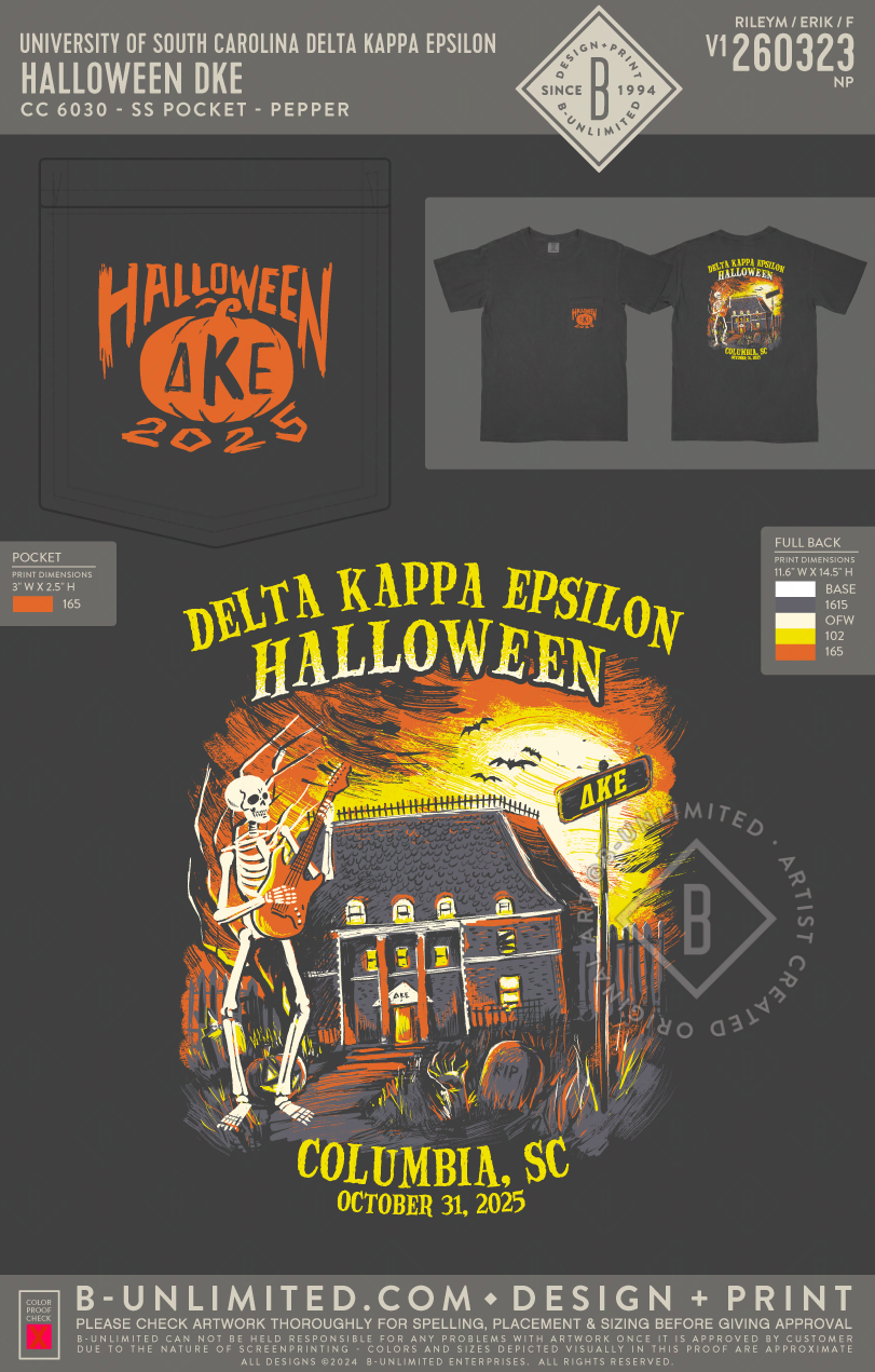 University of South Carolina Delta Kappa Epsilon - Halloween DKE - CC - 6030 - SS Pocket - Pepper