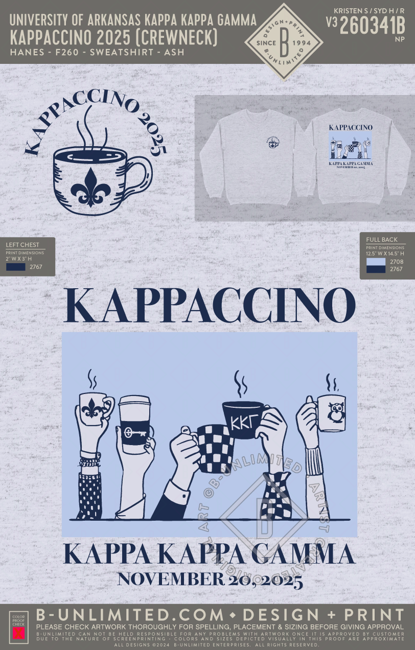 University of Arkansas Kappa Kappa Gamma - Kappaccino 2025 (Crewneck) - Hanes - F260 - Sweatshirt - Ash