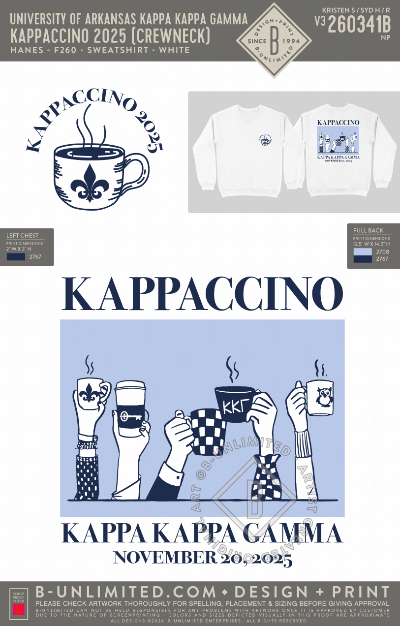 University of Arkansas Kappa Kappa Gamma - Kappaccino 2025 (Crewneck) - CC - 6030 - SS Pocket - White