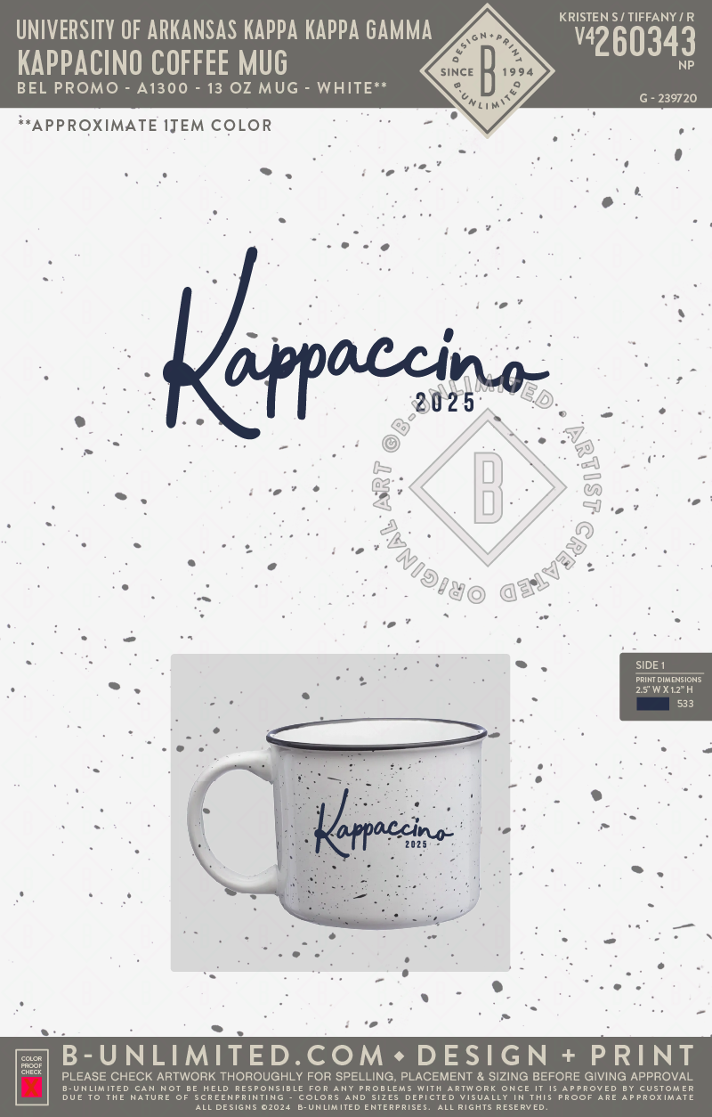 University of Arkansas Kappa Kappa Gamma - Kappaccino Coffee Mug - Bel Promo - A1300 - 13 oz Mug - White