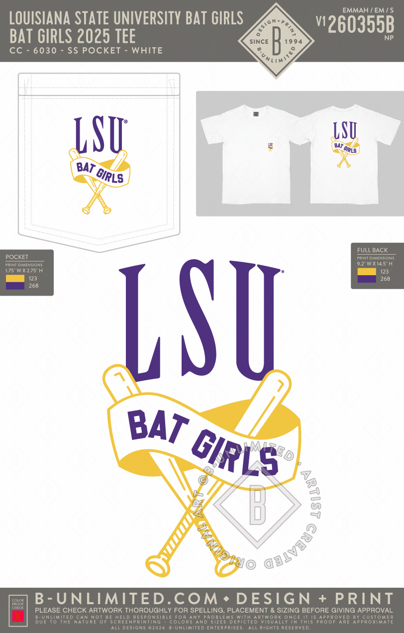 Louisiana State University Bat Girls - Bat Girls 2025 Tee - CC - 6030 - SS Pocket - White