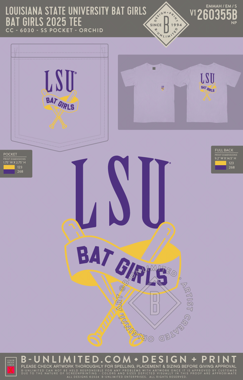 Louisiana State University Bat Girls - Bat Girls 2025 Tee - CC - 6030 - SS Pocket - Orchid