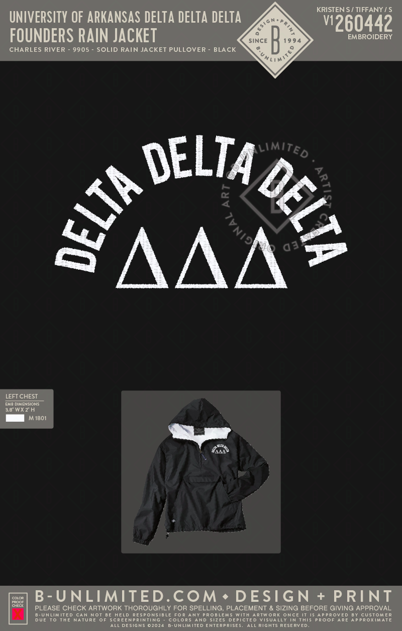 University of Arkansas Delta Delta Delta - Founders Rain Jacket - Charles River - 9905 - Solid Rain Jacket Pullover - Black