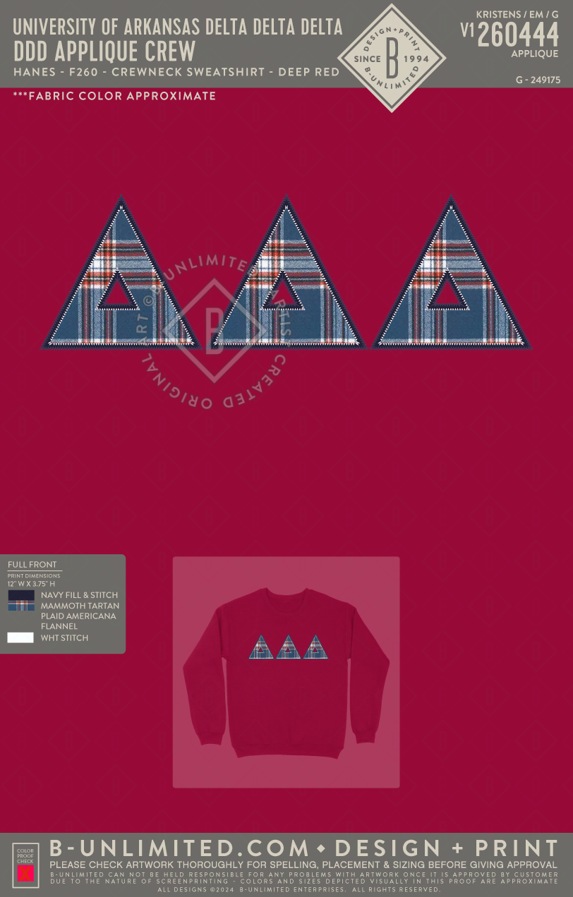 University of Arkansas Delta Delta Delta - DDD Applique Crew - Hanes - F260 - Sweatshirt - Deep Red