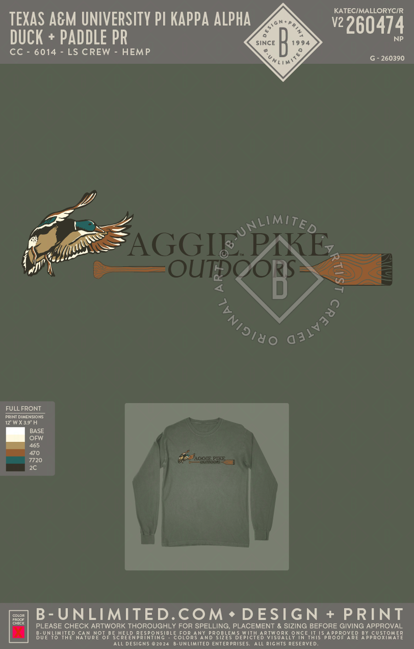 Texas A&M University Pi Kappa Alpha - Duck + Paddle PR - CC - 6014 - LS Crew - Hemp