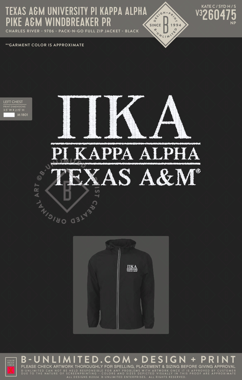 Texas A&M University Pi Kappa Alpha - PIKE A&M Windbreaker PR - Charles River - 9706 - Pack-N-Go Full Zip Jacket - Black