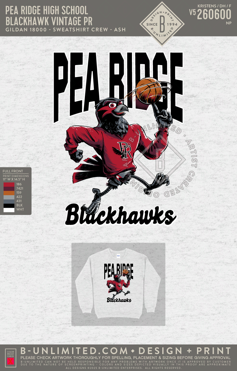 Pea Ridge High School - Blackhawk Vintage PR - Gildan - 18000 - Crewneck Sweatshirt - Ash Grey