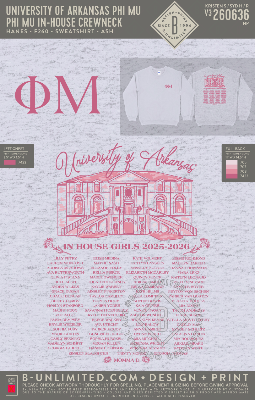 University of Arkansas Phi Mu - Phi Mu In-House Crewneck - Hanes - F260 - Sweatshirt - Ash