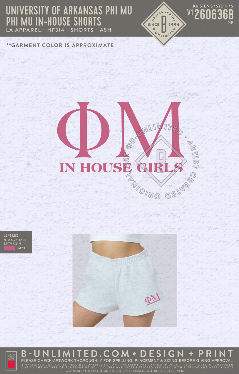 University of Arkansas Phi Mu - Phi Mu In-House Shorts - LA Apparel - HF-314 - Ash