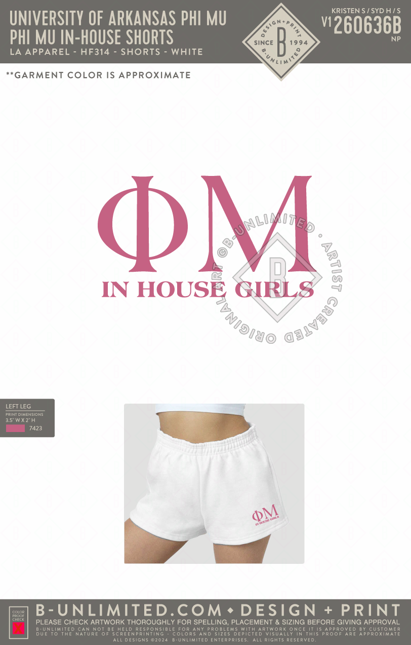 University of Arkansas Phi Mu - Phi Mu In-House Shorts - LA Apparel - HF-314 - White