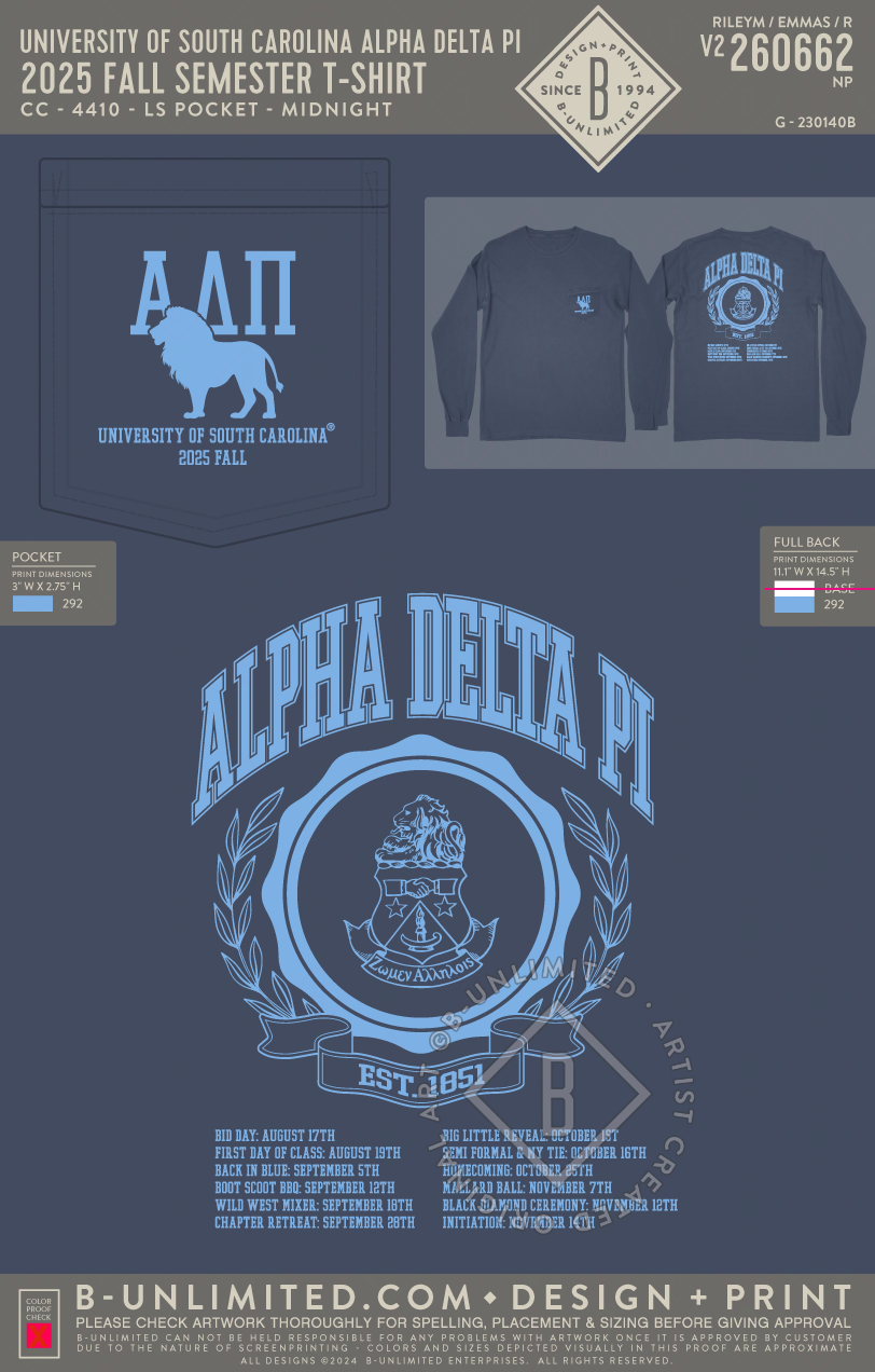 University of South Carolina Alpha Delta Pi - 2025 Fall Semester T-Shirt - CC - 4410 - LS Pocket - Midnight