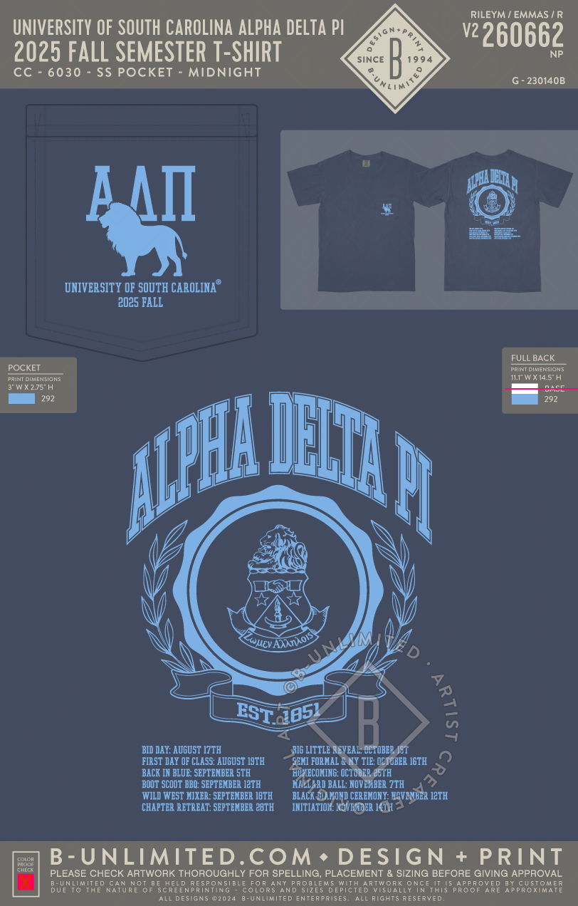 University of South Carolina Alpha Delta Pi - 2025 Fall Semester T-Shirt - CC - 6030 - SS Pocket - Midnight