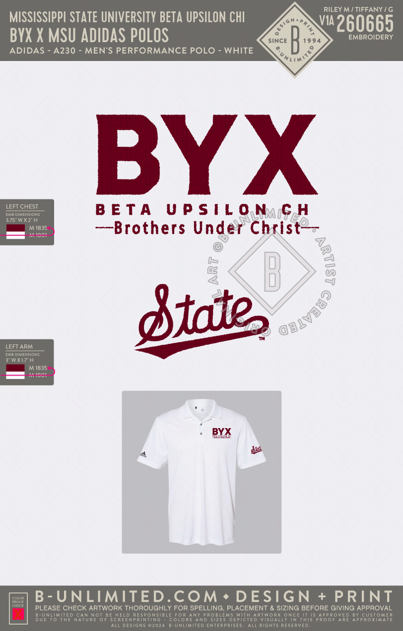 Mississippi State University Beta Upsilon Chi - BYX x MSU Adidas Polos - Adidas - A230 - SS Polo - White