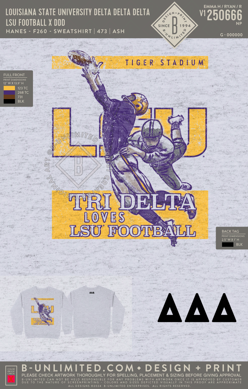 Louisiana State University Delta Delta Delta - LSU Football x DDD - Hanes - F260 - Sweatshirt - Ash