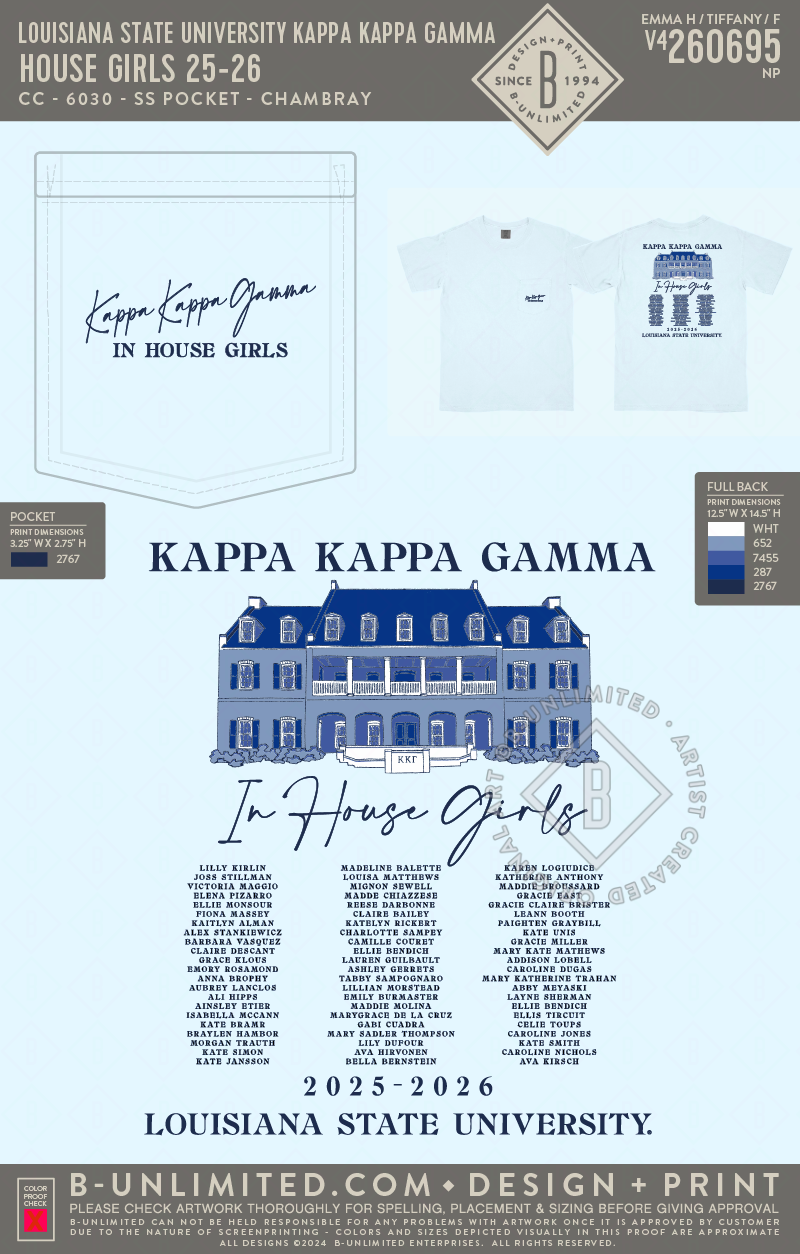 Louisiana State University Kappa Kappa Gamma - House Girls 25-26 - CC - 6030 - SS Pocket - Chambray
