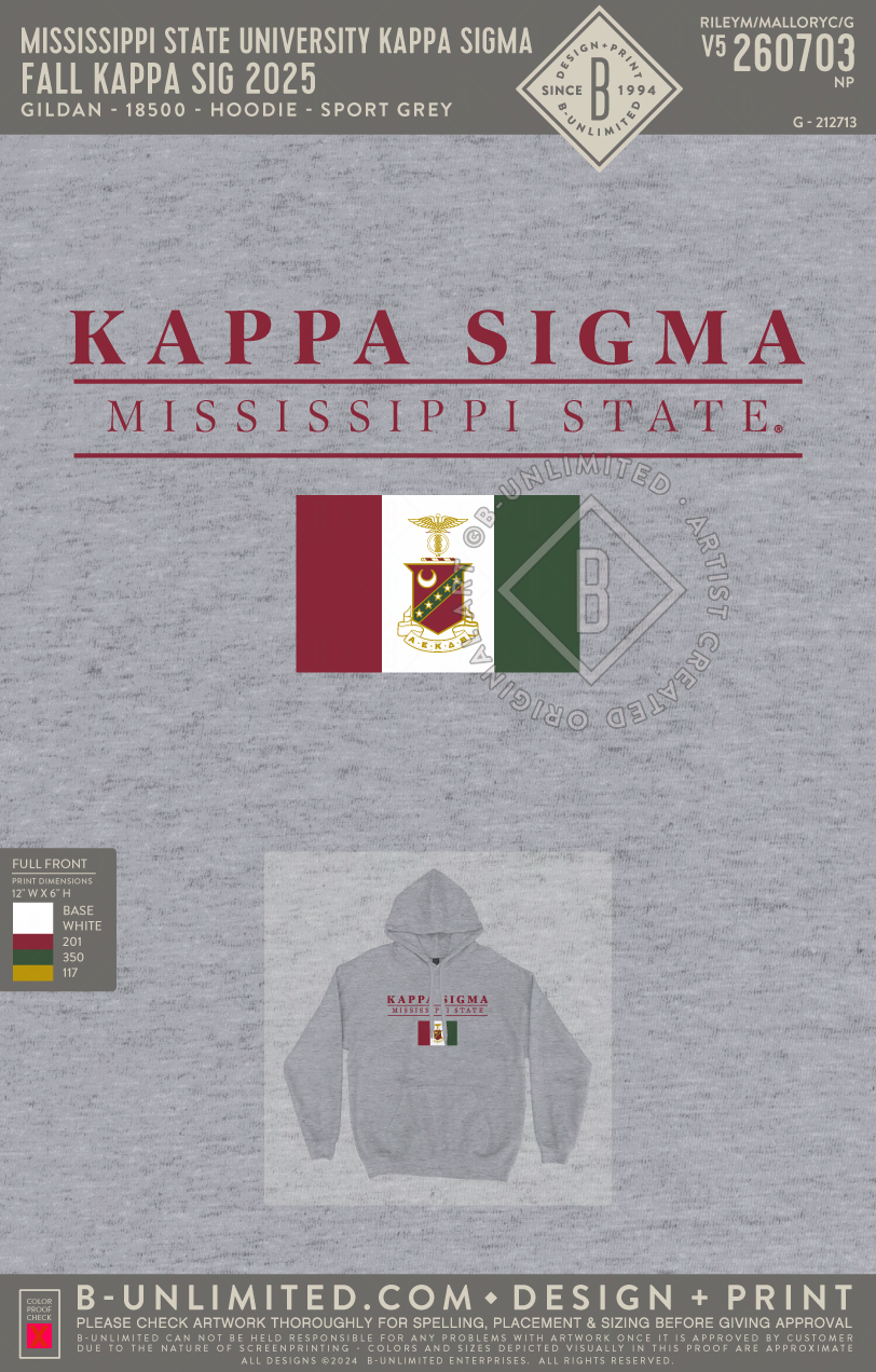 Mississippi State University Kappa Sigma - Fall Kappa Sig 2025 - Gildan - 18500 - Hoodie - Sport Grey