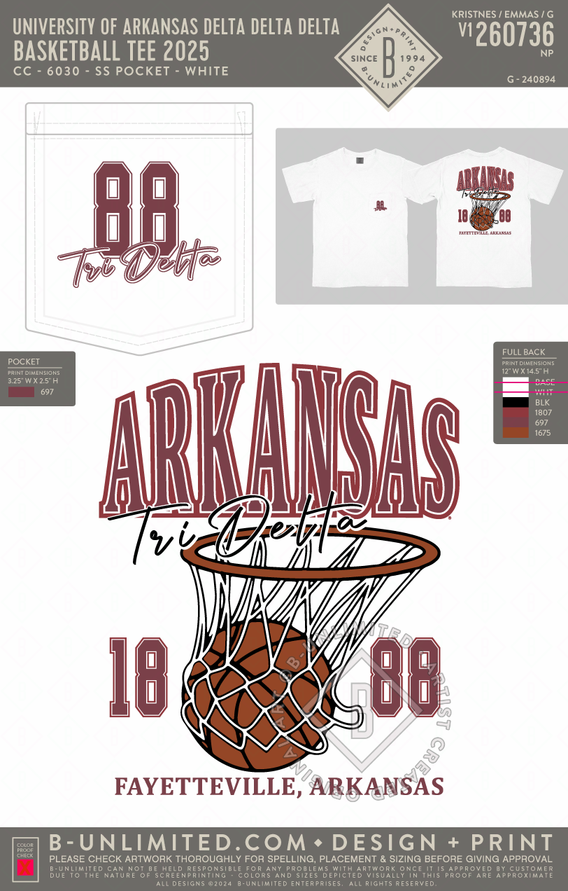 University of Arkansas Delta Delta Delta - Basketball Tee 2025 - CC - 6030 - SS Pocket - White