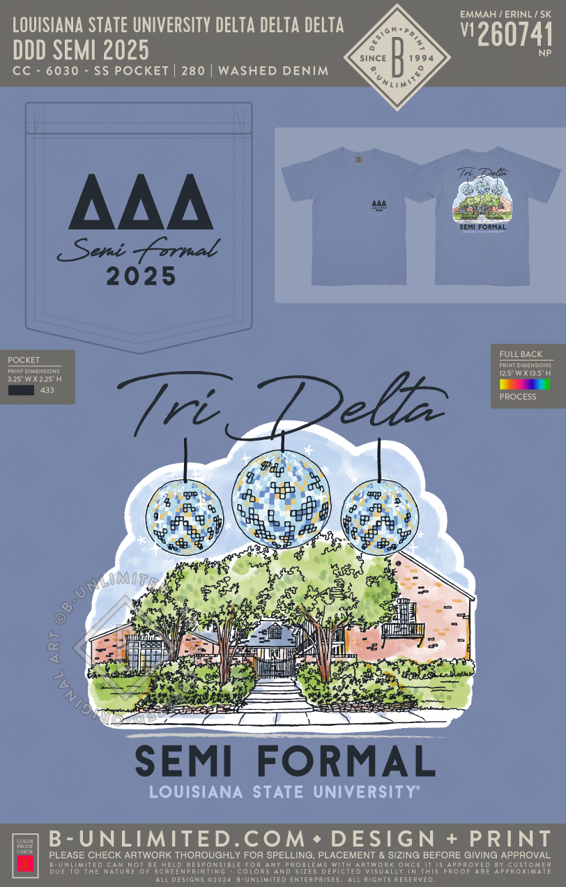 Louisiana State University Delta Delta Delta - DDD Semi 2025 - CC - 6030 - SS Pocket - Washed Denim