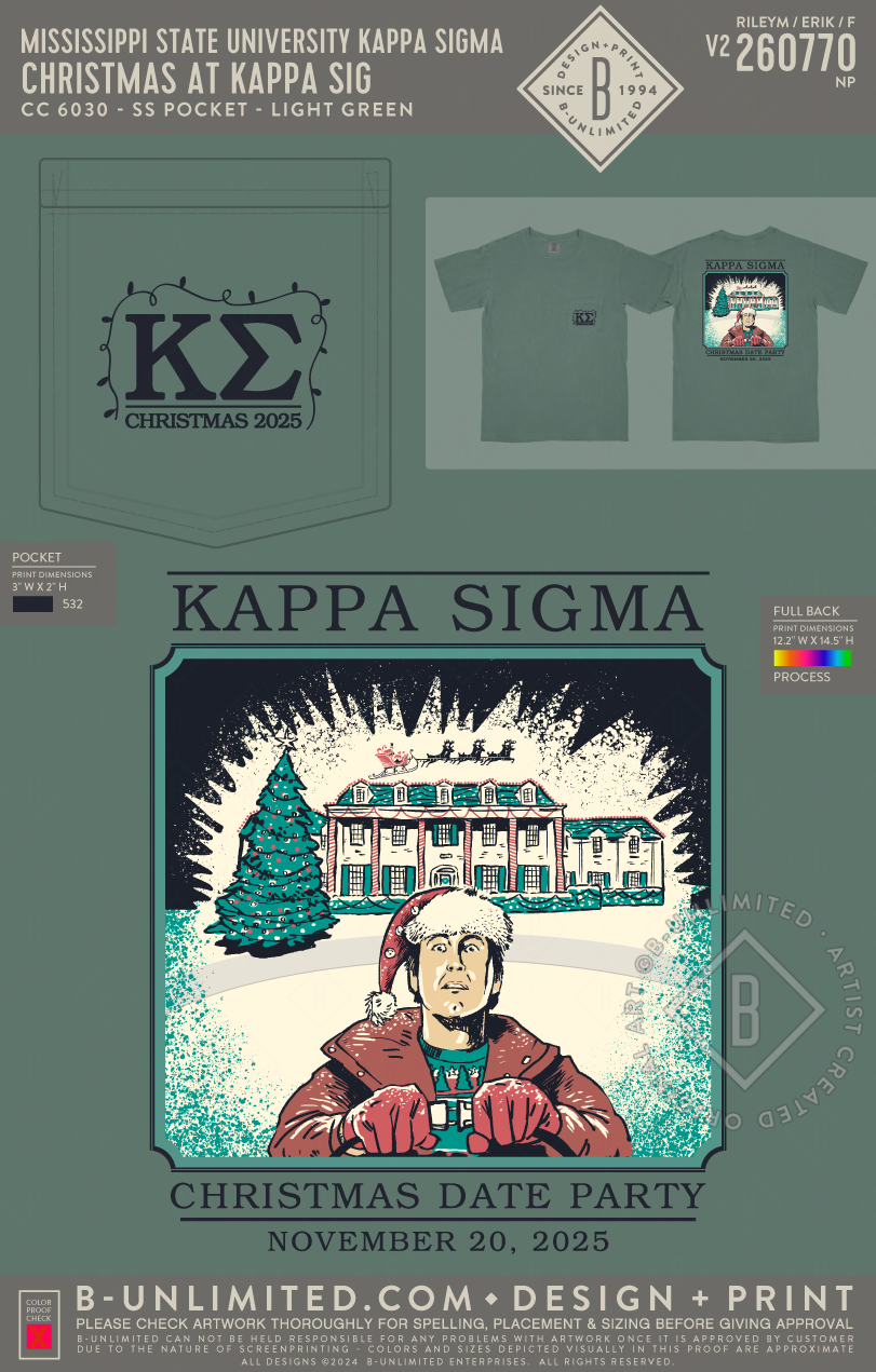 Mississippi State University Kappa Sigma - Christmas at Kappa Sig - CC - 6030 - SS Pocket - Light Green