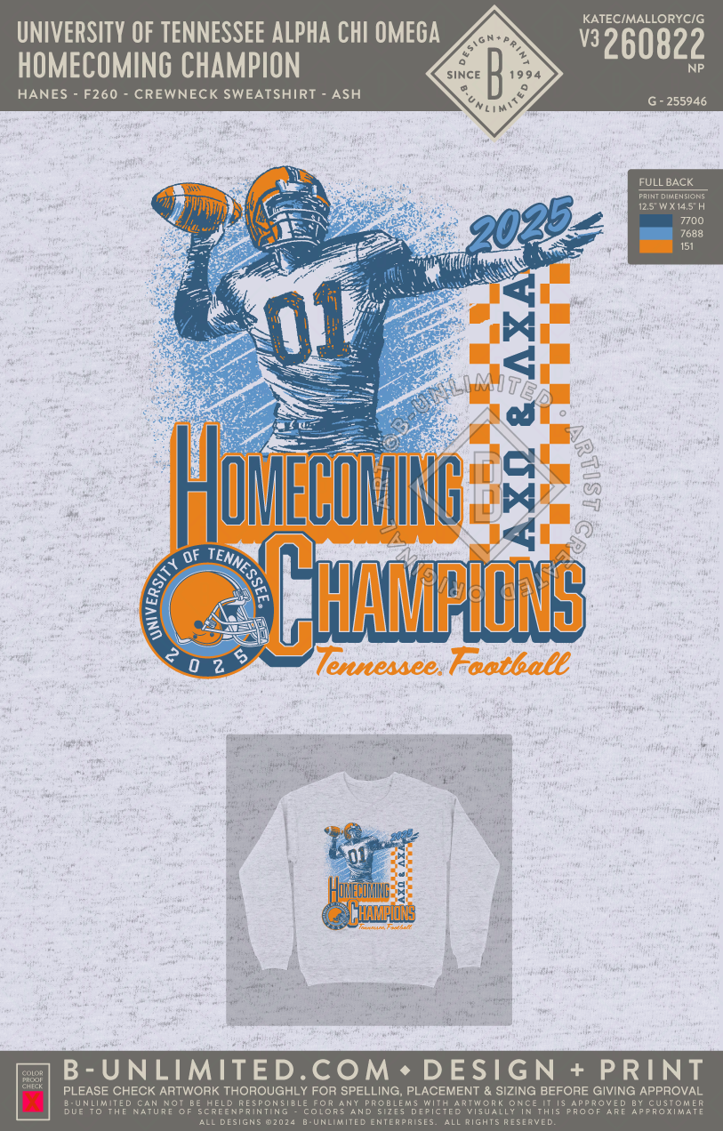 University of Tennessee Alpha Chi Omega - Homecoming Champion - Hanes - F260 - Sweatshirt - Ash