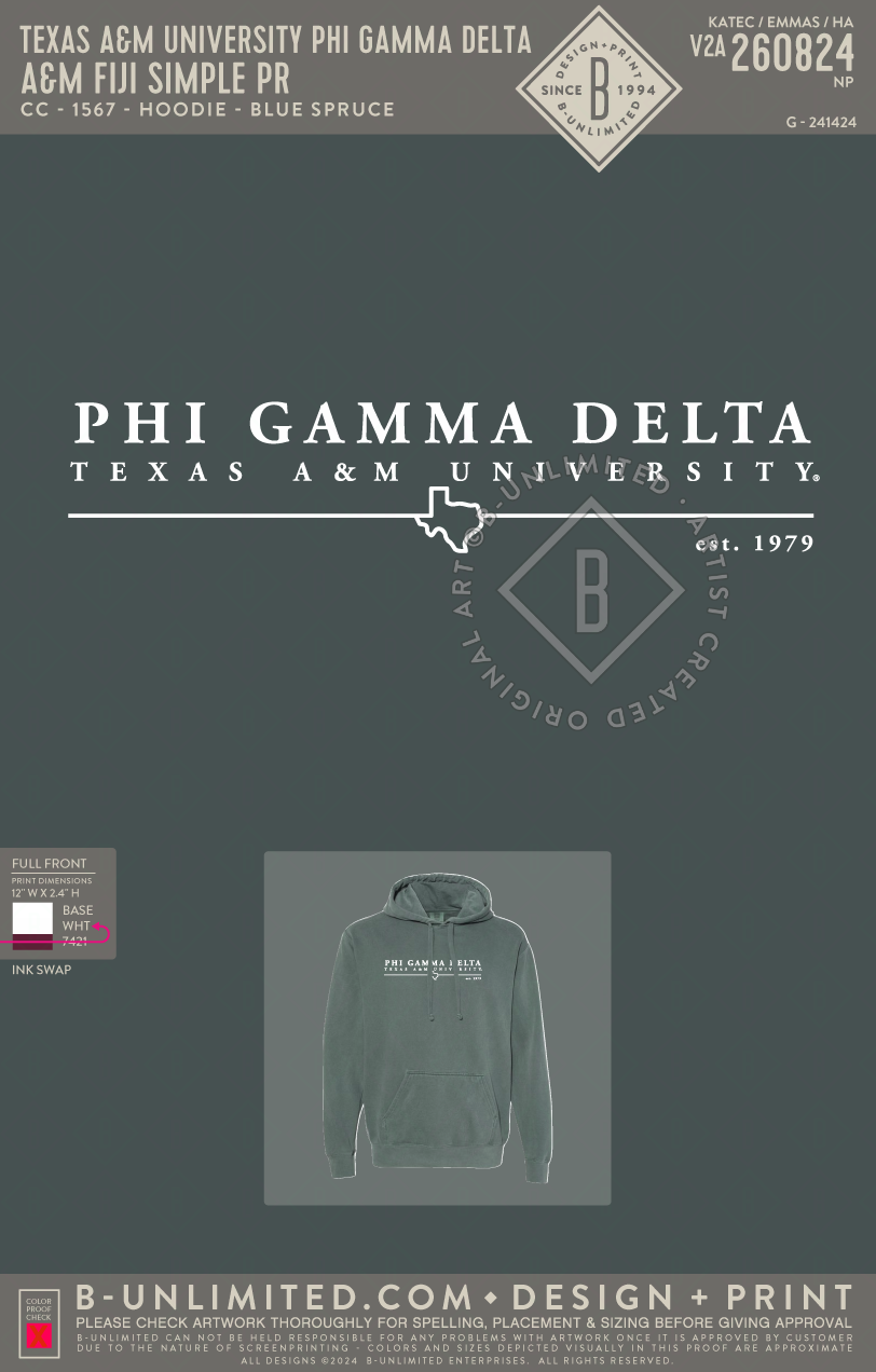 Texas A&M University Phi Gamma Delta - A&M FIJI Simple PR (EOS26) - CC - 1567 - Hoodie - Blue Spruce