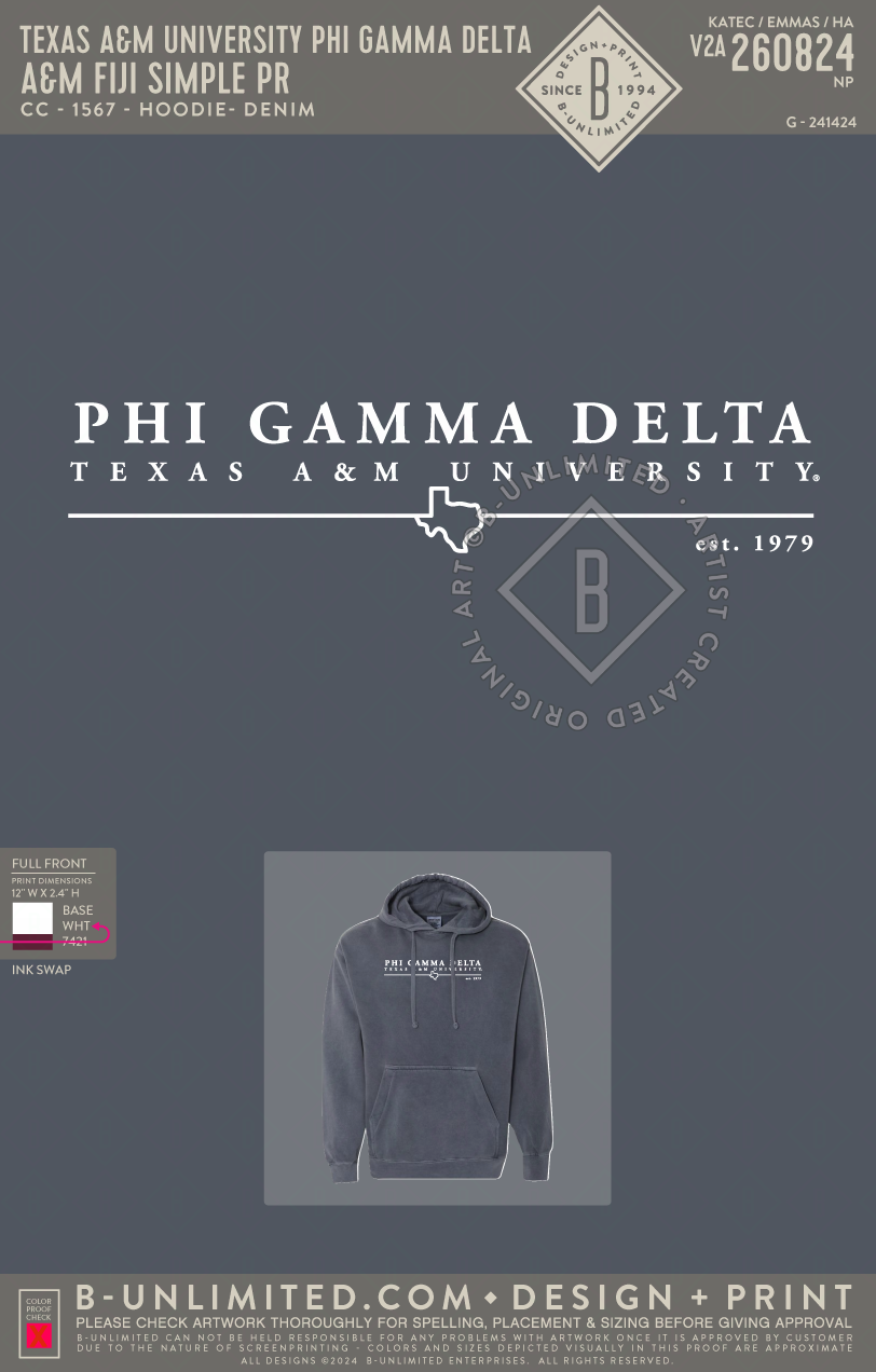 Texas A&M University Phi Gamma Delta - A&M FIJI Simple PR - CC - 1567 - Hoodie - Denim
