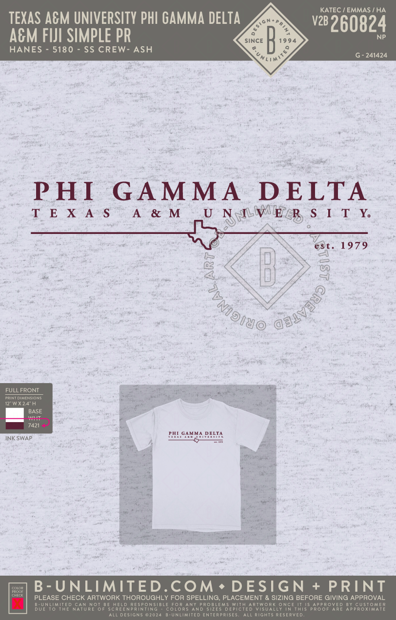 Texas A&M University Phi Gamma Delta - A&M FIJI Simple PR - Hanes - 5180 - SS Beefy Crew - Ash