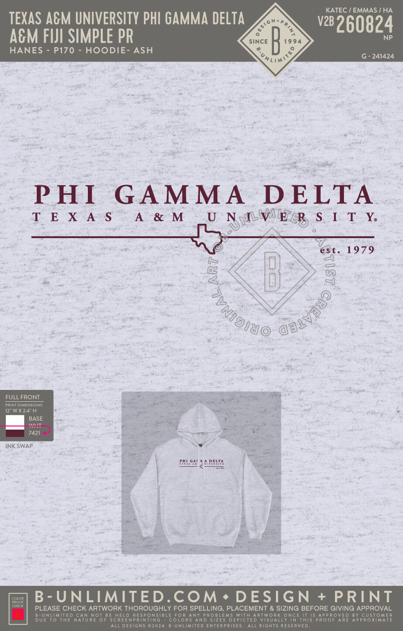 Texas A&M University Phi Gamma Delta - A&M FIJI Simple PR - Hanes - P170 - Hoodie - Ash