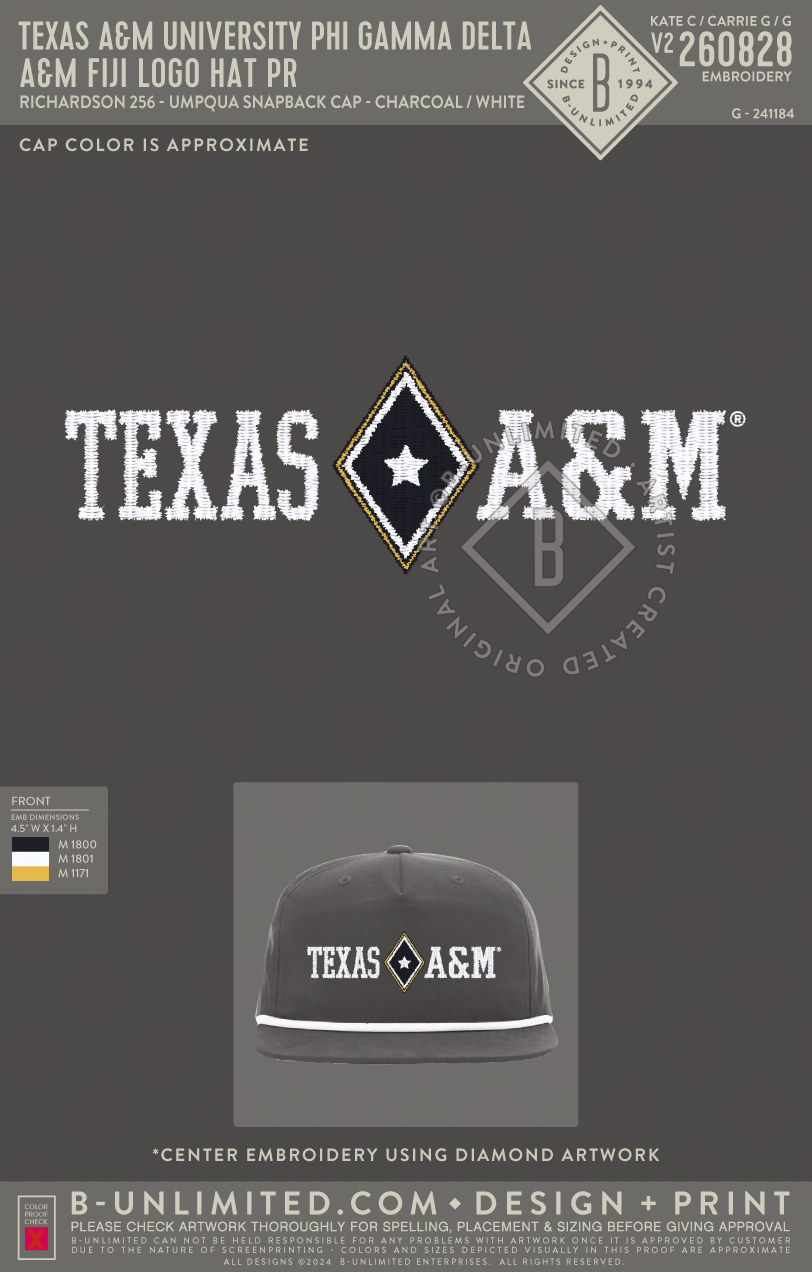 Texas A&M University Phi Gamma Delta - A&M FIJI Logo Hat PR - Richardson - 256 - Rope Snapback Hat - Charcoal/White