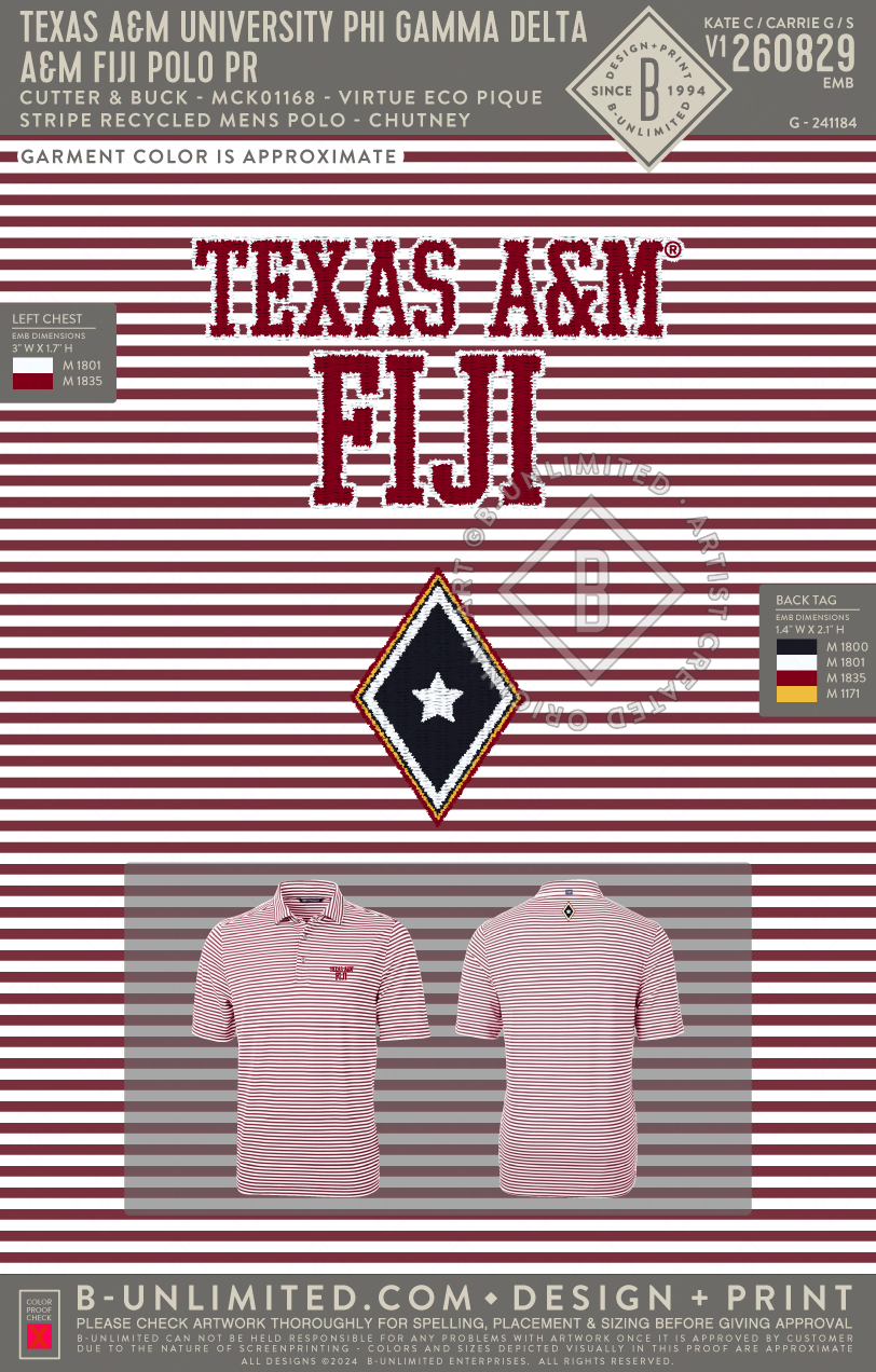 Texas A&M University Phi Gamma Delta - A&M FIJI Polo PR - Cutter & Buck - MCK01168 - Virtue Eco Pique Stripe Recycled Mens Polo - Chutney