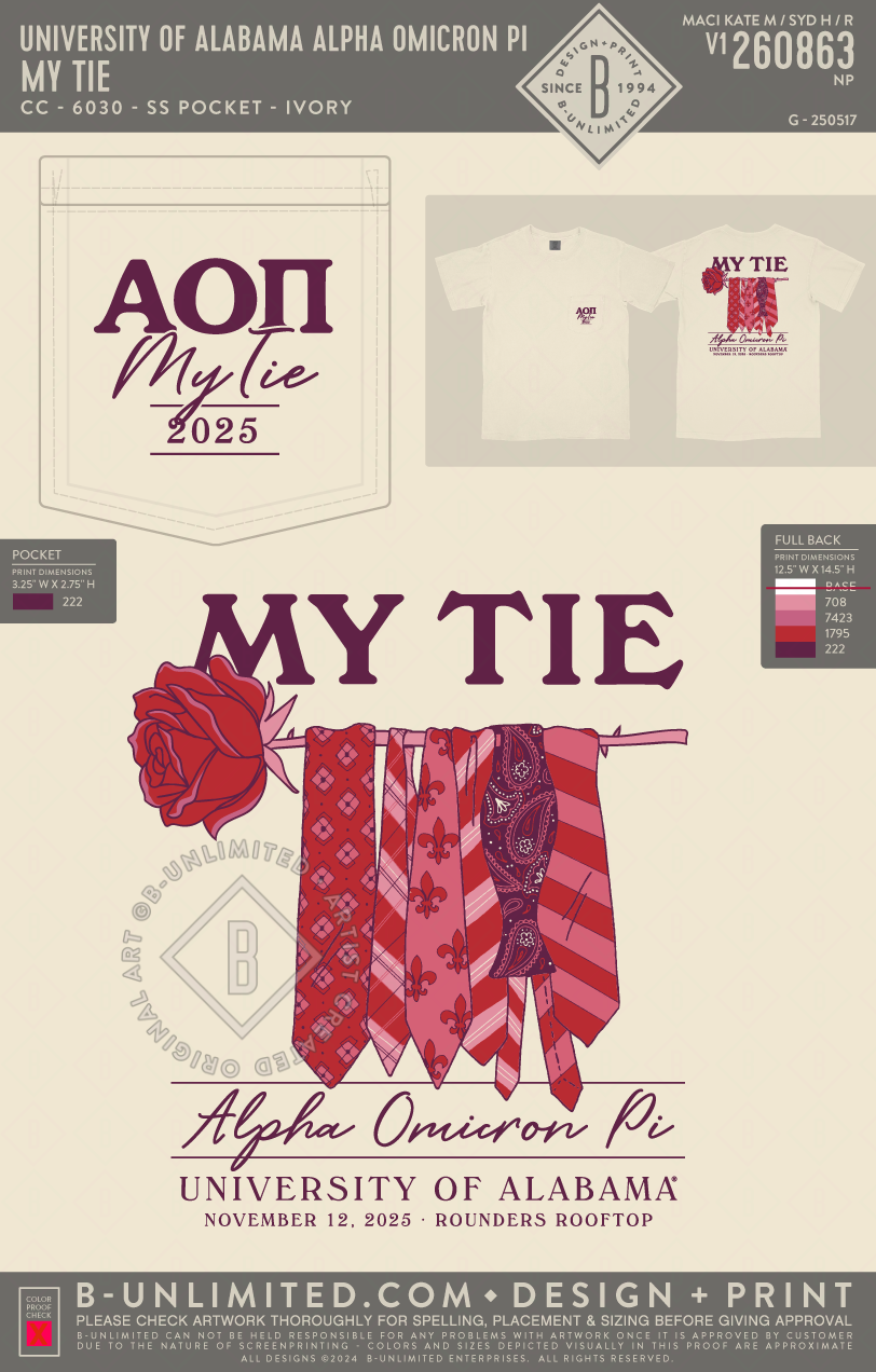 University of Alabama Alpha Omicron Pi - My Tie - CC - 6030 - SS Pocket - Ivory