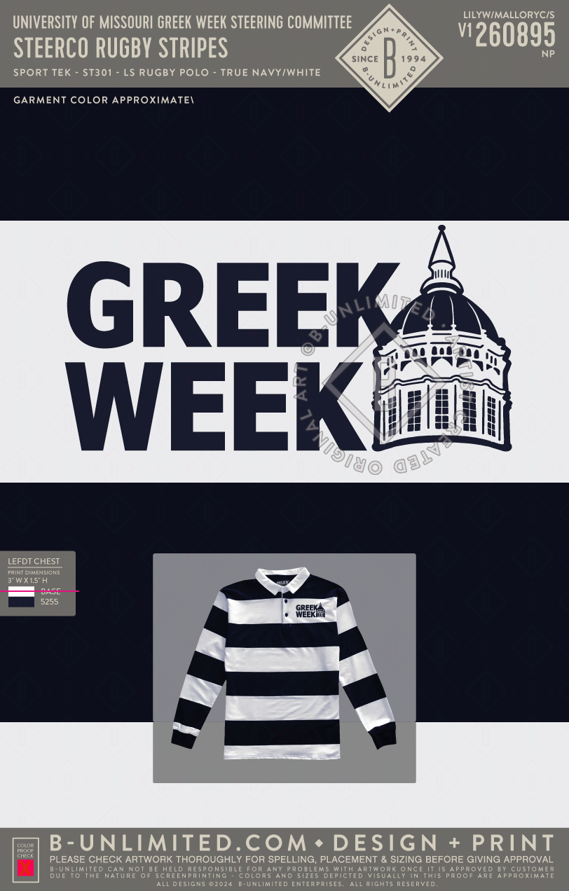University of Missouri Greek Week Steering Committee - SteerCo Rugby Stripes - Sport Tek - ST301 - LS Rugby Polo - True Navy/White