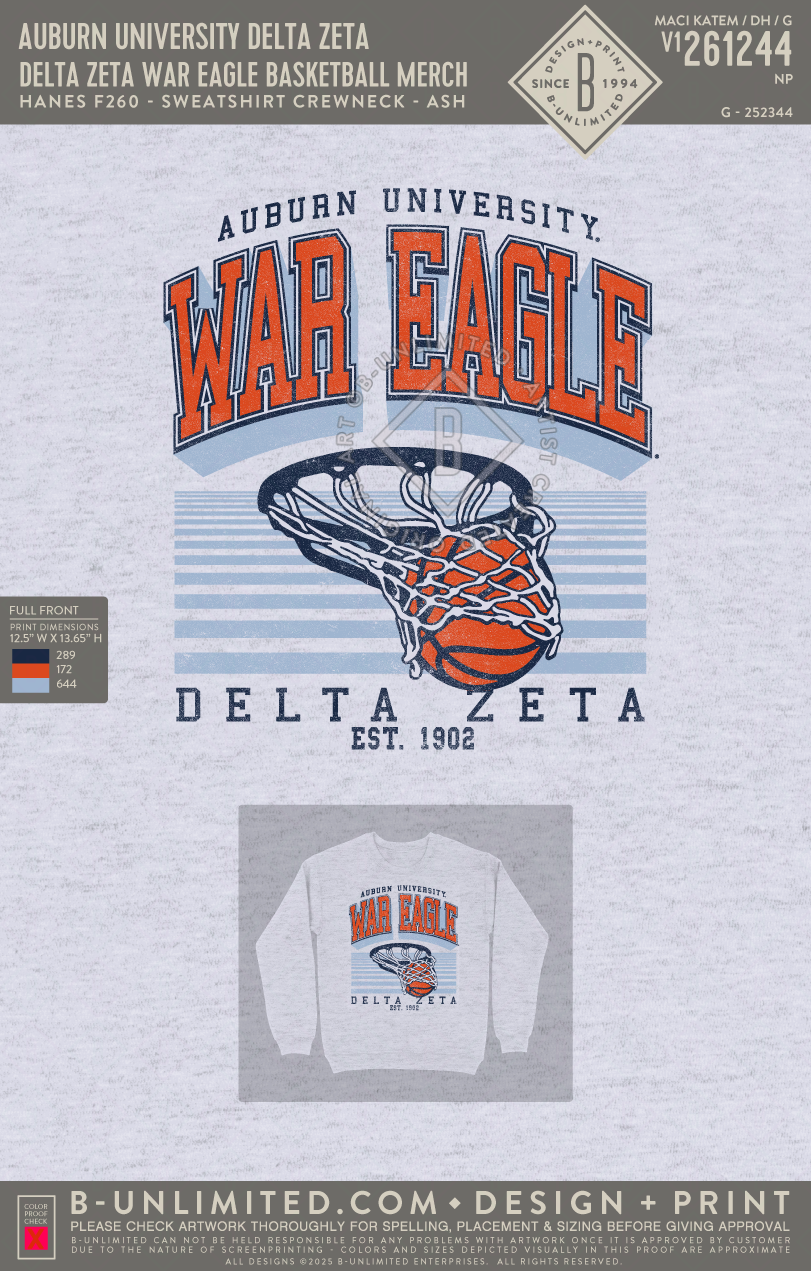 Auburn University Delta Zeta - Delta Zeta War Eagle Basketball Merch (EOS26) - Hanes - F260 - Sweatshirt - Ash