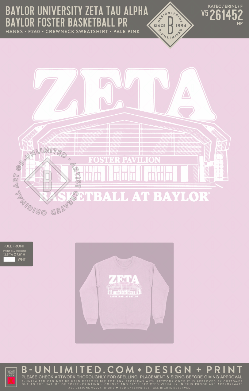 Baylor University Zeta Tau Alpha - Baylor Foster Basketball PR (EOS26) - Hanes - F260 - Sweatshirt - Pale Pink