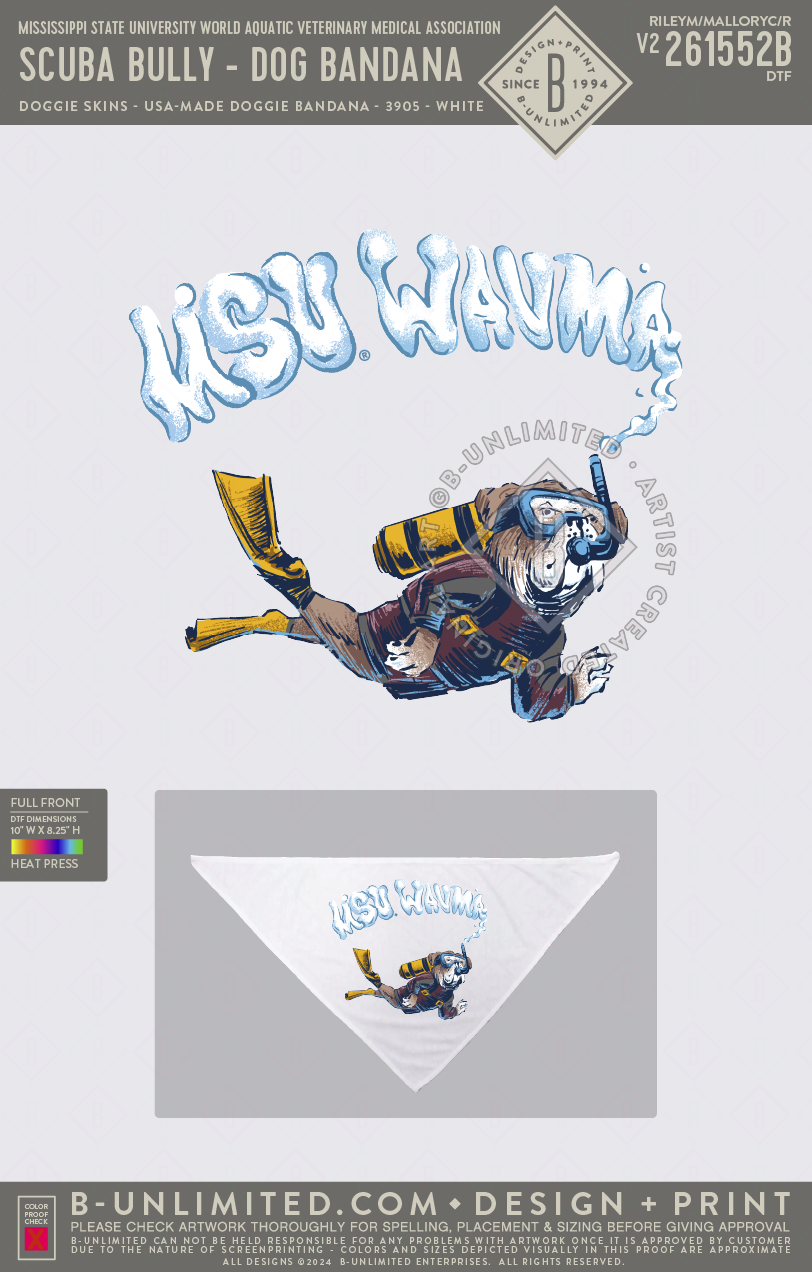 Mississippi State University World Aquatic Veterinary Medical Association - Scuba Bully - Dog Bandana - Doggie Skins - 3905 - Doggie Bandana - White