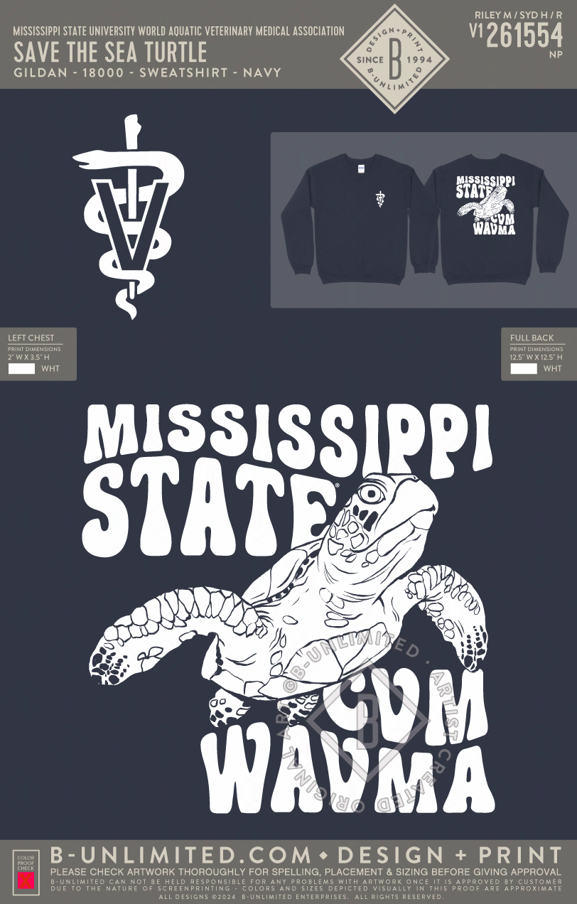 Mississippi State University World Aquatic Veterinary Medical Association - Save the Sea Turtle - Gildan - 18000 - Crewneck Sweatshirt - Navy